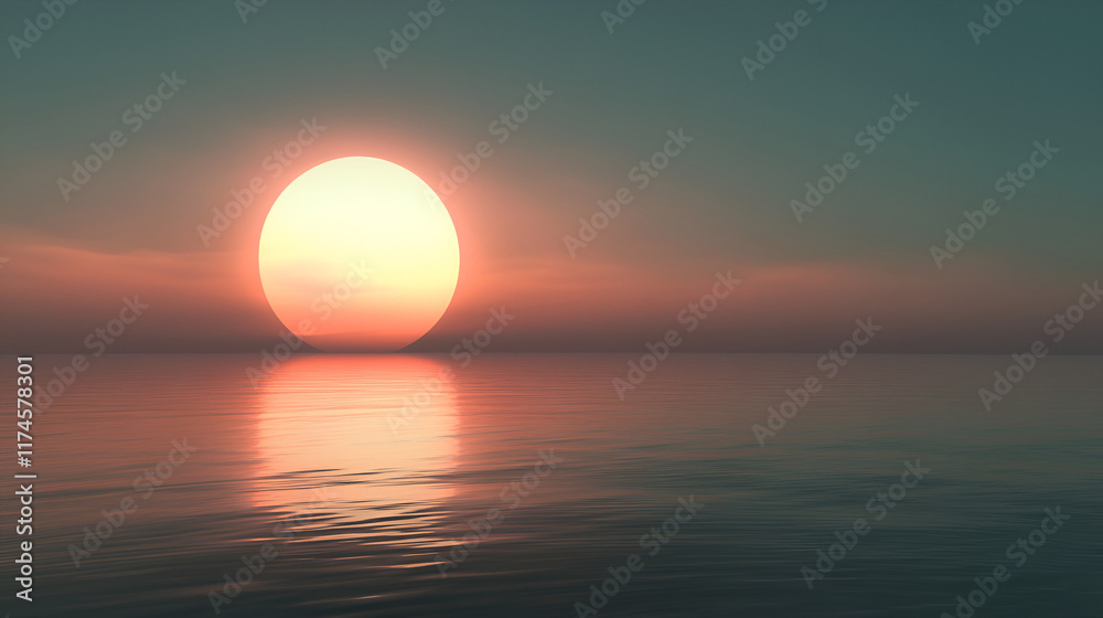 Sunset Serenity: Enormous, fiery orb of sun descends majestically over tranquil ocean, casting warm, inviting glow across still waters. A breathtaking panorama of peace and natural beauty. Sunset Serenity: Enormous, fiery orb of sun descends majestically over tranquil ocean, casting warm, inviting glow across still waters. A breathtaking panorama of peace and natural beauty.