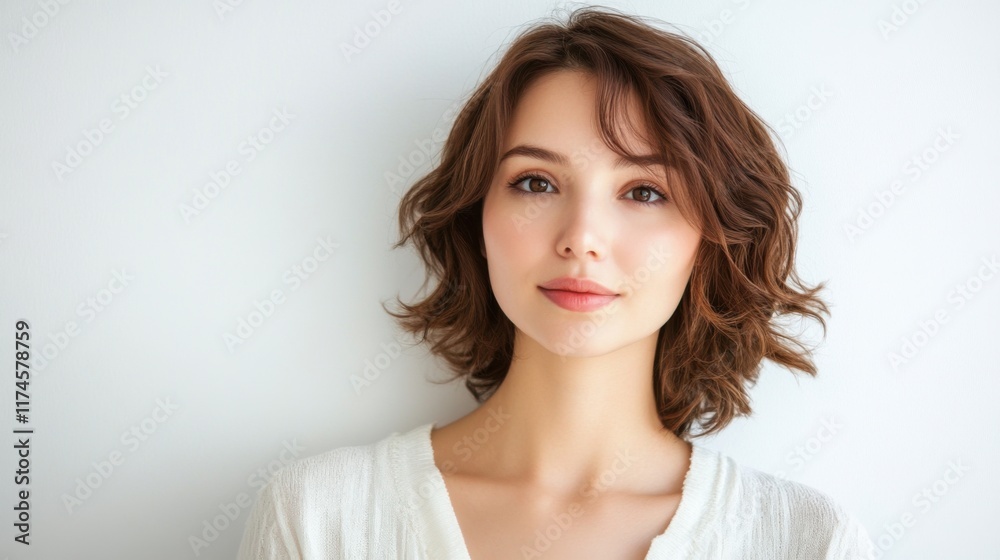 Caucasian woman with short wavy brown hair wearing white top against light background in minimalist portrait Caucasian woman with short wavy brown hair wearing white top against light background in minimalist portrait