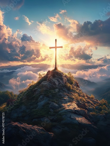 Crucifix at the top of a Mountain with Sunlight Breaking through the Clouds. Inspirational Christian Image.