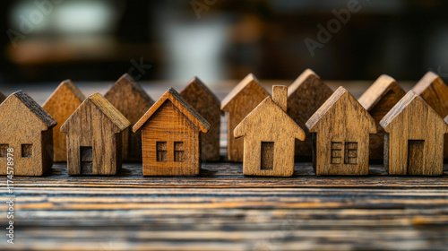 Wooden houses stand in a row. Real estate, affordable housing concept.