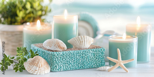 serene coastal decor scene featuring teal candles, seashells, and greenery, creating calming atmosphere perfect for relaxation and beach inspired aesthetics photo