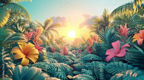 Lush Tropical Sunset: Vibrant Flowers and Palm Trees in a Serene Paradise photo