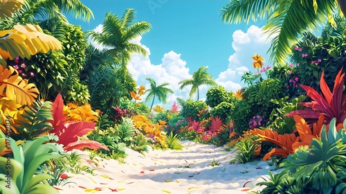 Vibrant Tropical Path: A Sunlit Paradise of Lush Foliage and Flowers