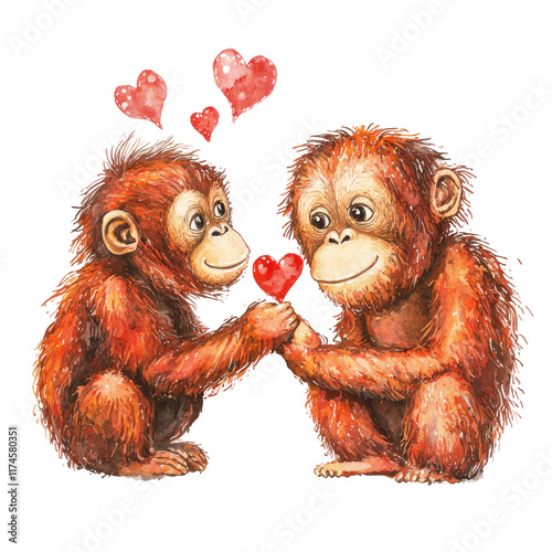 Cute Illustration of Two Loveable Orangutans Sharing a Heart for Valentine's Day Celebration photo