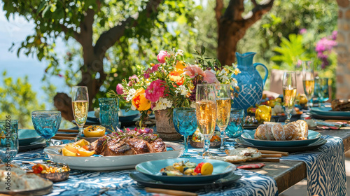 Lively Greek Easter Celebration with Festive Table Setting and Delicious Dishes