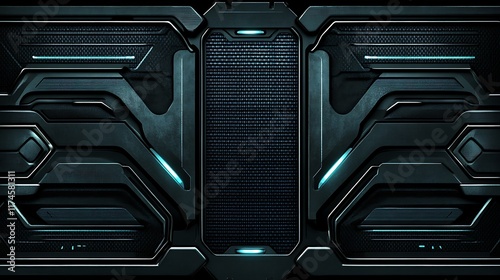 Futuristic Dark Panel with Teal Accents and Grid Detailing