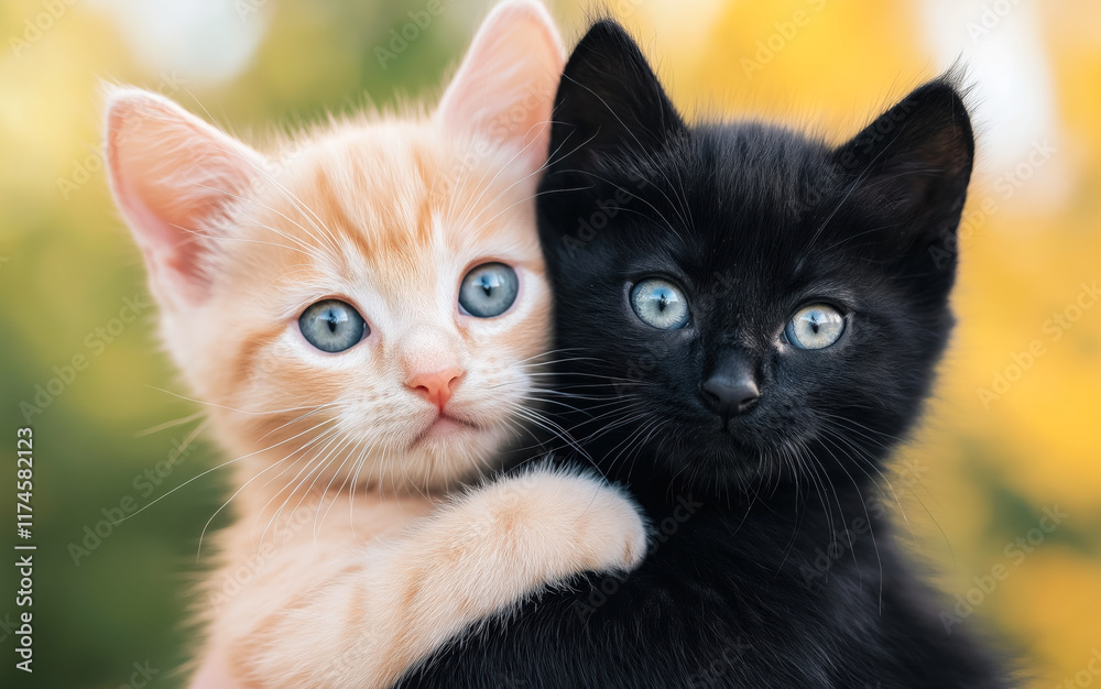 Two kittens hugging, a ginger and black kitten with blue eyes Two kittens hugging, a ginger and black kitten with blue eyes