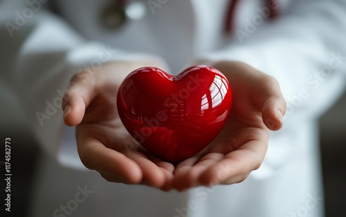 A compassionate doctor holding a red heart photo