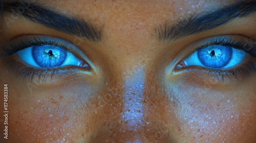 Close-up of striking blue eyes with a textured skin background.