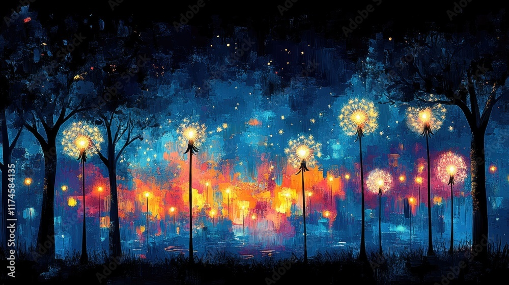 Obraz premium Magical night scene with glowing dandelion-like lights in a forest.