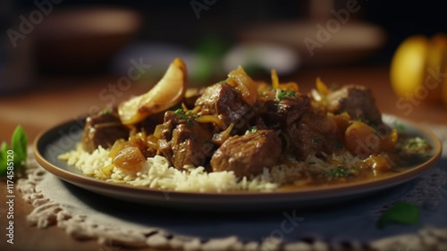 Arabic cuisine, Egyptian oriental Fettah with white rice and crispy bread topped with seasoned garlic red sauce,crispy fried garlic and Rice with meat and chestnut photo