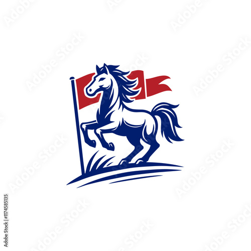 Horse Knight Stallion With Flag  for Animal Wildlife or Stable Barn Ranch Farm Logo Design