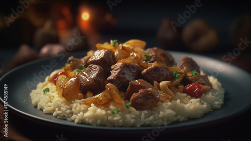 Tempting Chicken Adobo dish Arabic cuisine, Egyptian oriental Fettah with white rice and crispy bread topped with seasoned garlic red sauce,crispy fried garlic and
 photo