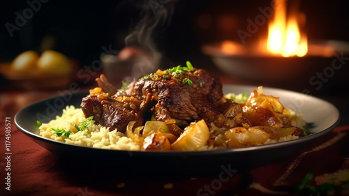 Turkish meatball stew, with hearty meatballs and vegetables in a rich, spiced tomato sauce  Egyptian oriental Fettah with white rice and crispy bread topped with seasoned garlic red sauce,crispy fried photo