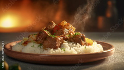 Turkish meatball stew, with hearty meatballs and vegetables in a rich, spiced tomato sauce  Egyptian oriental Fettah with white rice and crispy bread topped with seasoned garlic red sauce,crispy fried photo