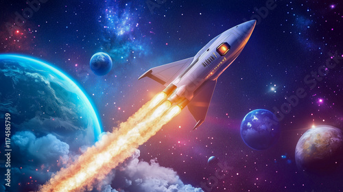 Wallpaper Mural spaceship launching into space, surrounded by stars and glowing planets Torontodigital.ca