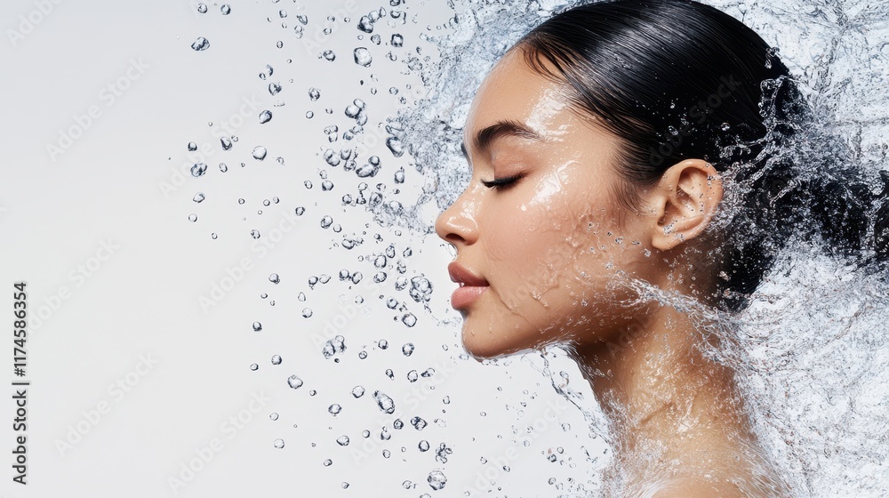 Naklejka premium Refreshed and Radiant: A woman's face is enveloped in a cascade of pure water, showcasing healthy, glowing skin. The image conveys a sense of cleanliness, hydration, and revitalization. 