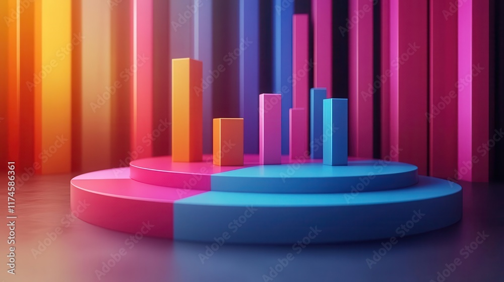 Obraz premium A colorful 3D bar chart displays data on circular platforms against a vibrant backdrop of vertical bars.