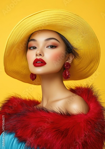 A beautiful woman wearing a blue dress and yellow hat, with red lips, posing for the camera against a yellow background