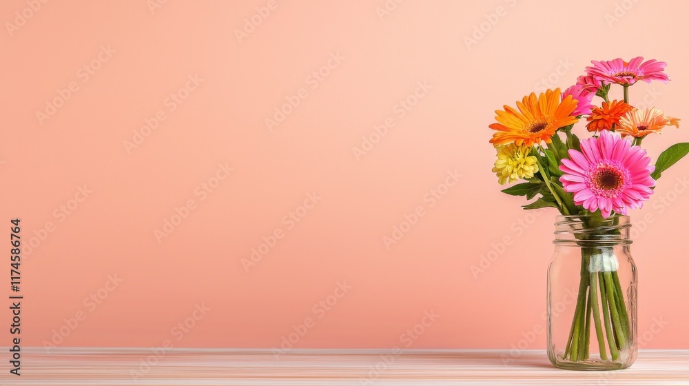 Bright Colorful Flowers in a Jar on a Light Peach Background Bright Colorful Flowers in a Jar on a Light Peach Background