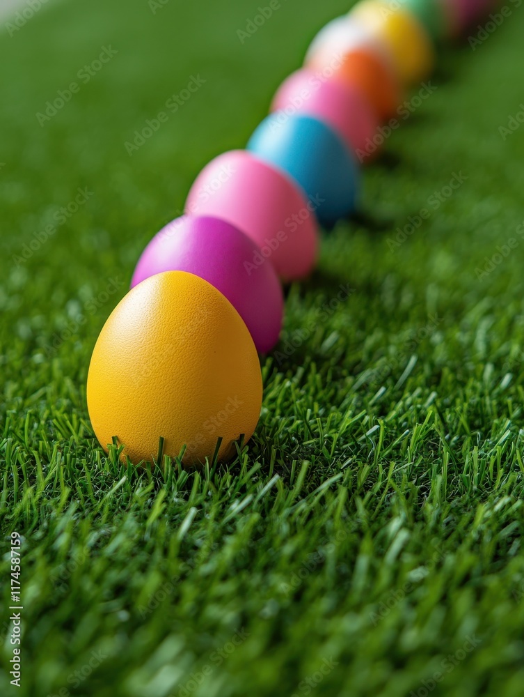 Naklejka premium easter, holidays and tradition concept - row of colored eggs on artificial grass