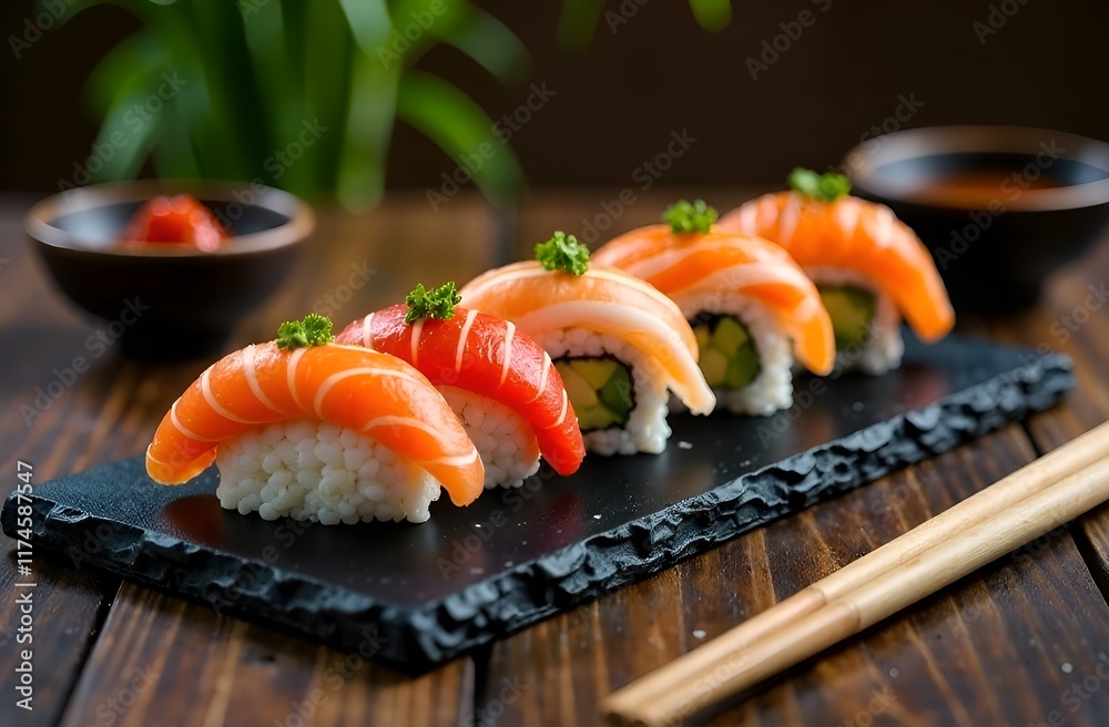 an elegant sushi set arranged on a black slate plate. The image features an assortment of nigiri and maki rolls with vibrant colors, showcasing fresh salmon, tuna, and avocado