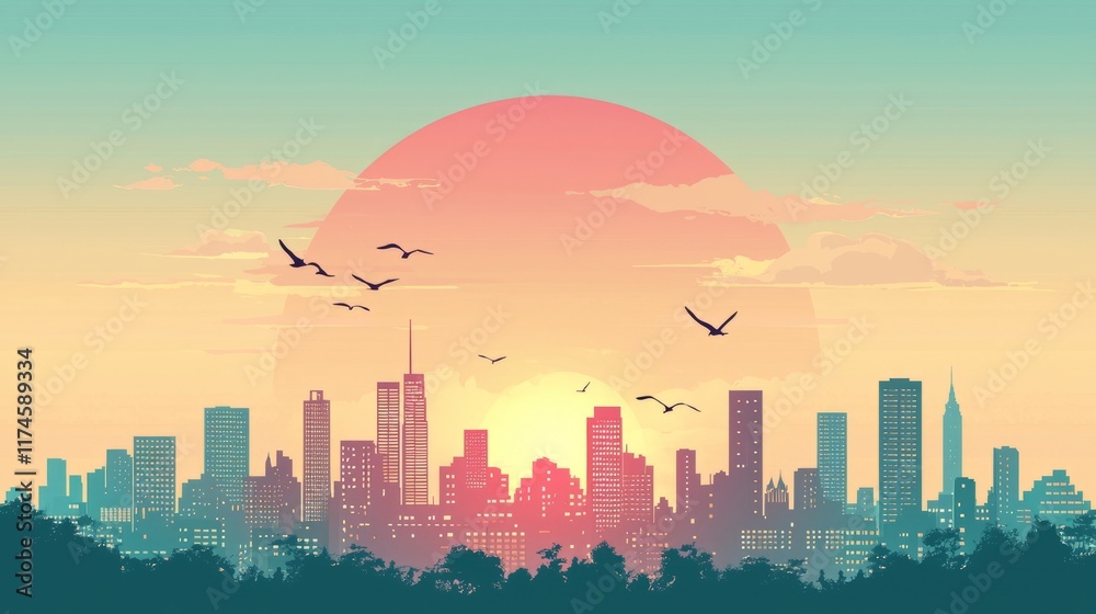 Fototapeta premium Stunning Sunset Over Urban Skyline with Silhouetted Buildings and Flying Birds