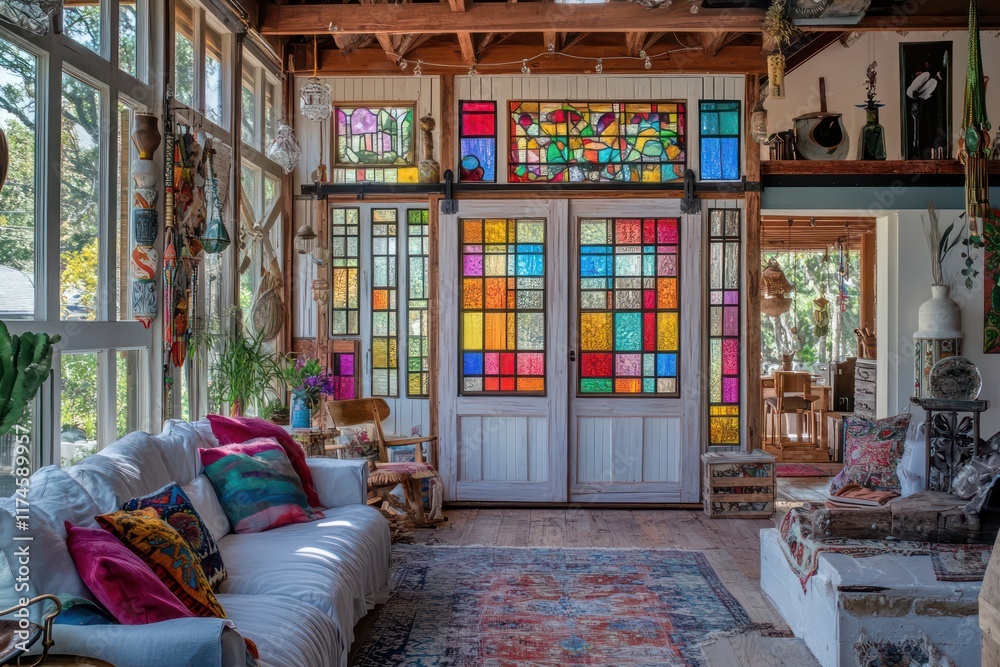 A chic bohemian bungalow with colorful stained-glass windows and a wide barn-style door, surrounded by eclectic decorations A chic bohemian bungalow with colorful stained-glass windows and a wide barn-style door, surrounded by eclectic decorations