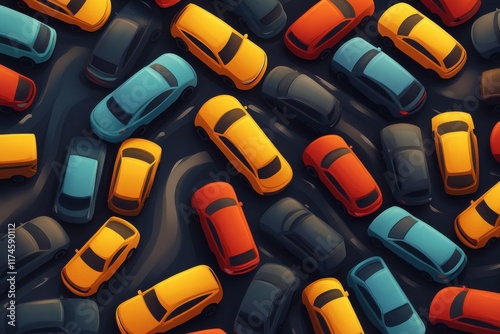 A vibrant overhead view of a congested road filled with various colored cars, emphasizing traffic density and urban mobility.
