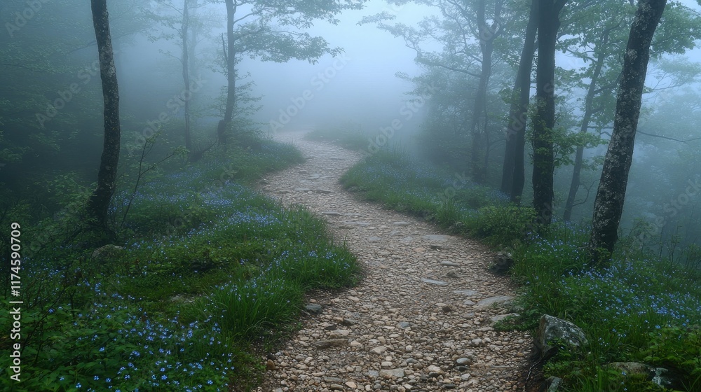 Obraz premium Misty forest path with wildflowers.