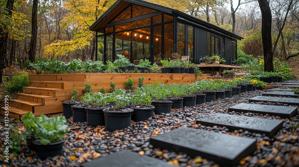 Obraz premium [Eco-friendly gardening practices permaculture sustainable] Modern Earth-Toned House Amidst Lush Landscape with Wooden Deck and Serene Pathway
