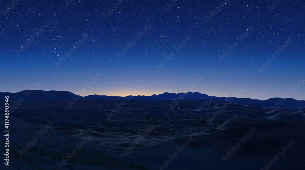 Serene Desert Landscape at Dusk with Soft Sand Dunes Under Starry Sky Serene Desert Landscape at Dusk with Soft Sand Dunes Under Starry Sky