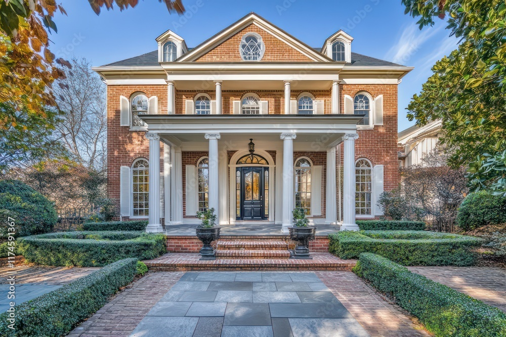 Fototapeta premium A classic colonial home with symmetrical design, brick exterior, and detailed white columns
