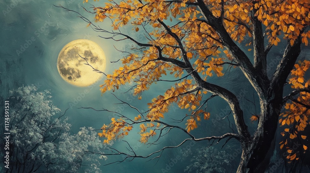 Fototapeta premium Golden Leaves Under the Full Moon