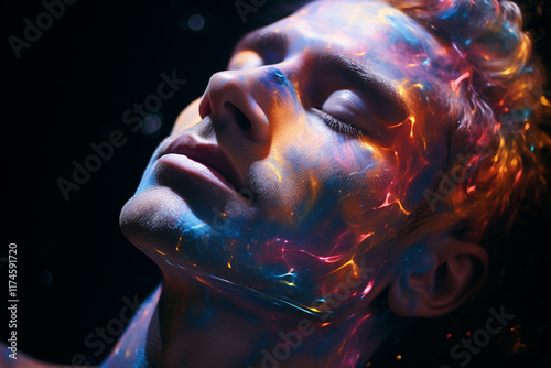 man’s face illuminated with vibrant, nebula-inspired colors, enchanting birthplaces of stars and planets, where ethereal gases and luminous skies converge in a cosmic display of beauty and mystery photo