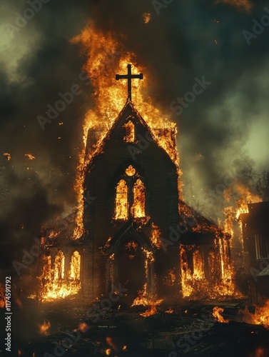 Church on fire,burning church. Church with cross burns in flames. Destroyed church 4k video