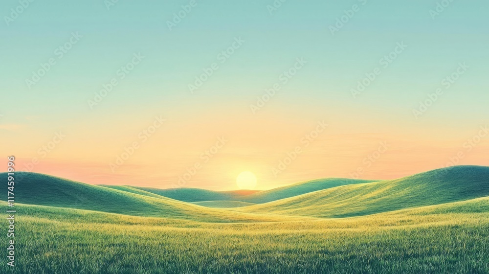 Fototapeta premium Stunning Landscape at Sunrise: View of Rolling Hills and Soft Pastel Skies Across the Horizon
