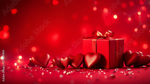 Valentine's day gift. Banner design with present box and hearts on red background.