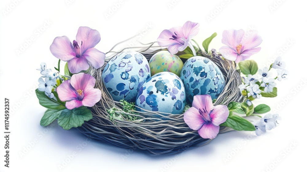 Fototapeta premium Happy Easter tag, springtime nest with eggs and flowers over white