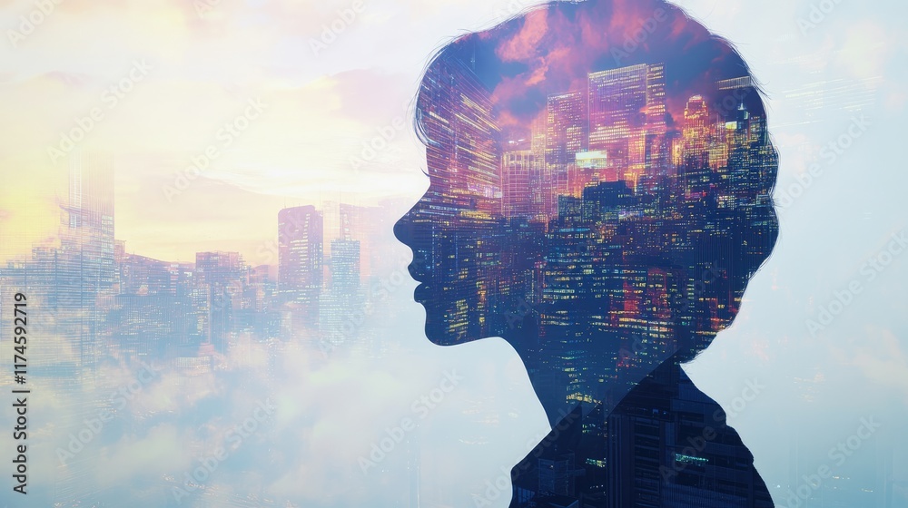 Double exposure of business theme hologram drawing and city veiw background. Concept of success Double exposure of business theme hologram drawing and city veiw background. Concept of success