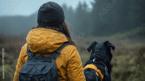 A person in a yellow jacket and a dog stand together in a rainy, misty landscape.