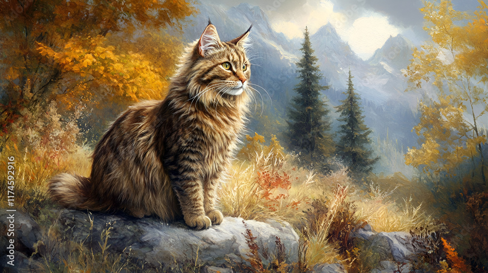 Obraz premium A Maine Coon cat peacefully roaming through the serene nature, surrounded by vibrant plants, trees, and sunlight filtering through