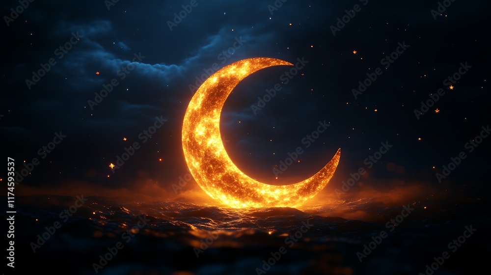 Fiery Crescent Moon Above Dark Ocean Waves At Night Fiery Crescent Moon Above Dark Ocean Waves At Night