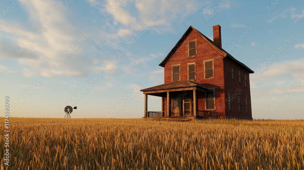 Traditional Red Brick Farmhouse Surrounded by Golden Wheat Fields at Sunset Traditional Red Brick Farmhouse Surrounded by Golden Wheat Fields at Sunset