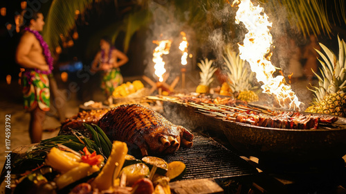 Traditional Hawaiian Luau Barbecue with Whole Pig and Grilled Delicacies