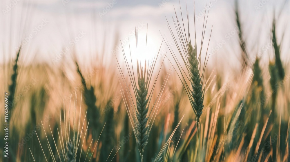 Blurred golden sunlight shining through wheat fields with a sharp focus on delicate wheat stalks Blurred golden sunlight shining through wheat fields with a sharp focus on delicate wheat stalks