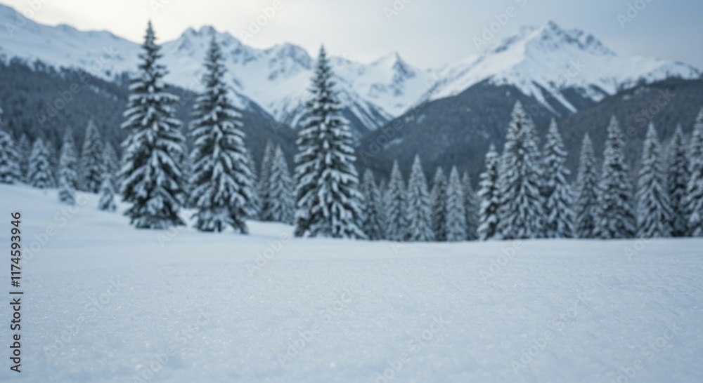 A picturesque winter scene with a shallow depth of field, highlighting a field of snow-laden pine trees against a backdrop of snow-covered mountains A picturesque winter scene with a shallow depth of field, highlighting a field of snow-laden pine trees against a backdrop of snow-covered mountains