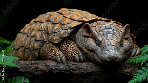 A detailed, realistic depiction of a sleeping armadillo on a log surrounded by ferns. photo