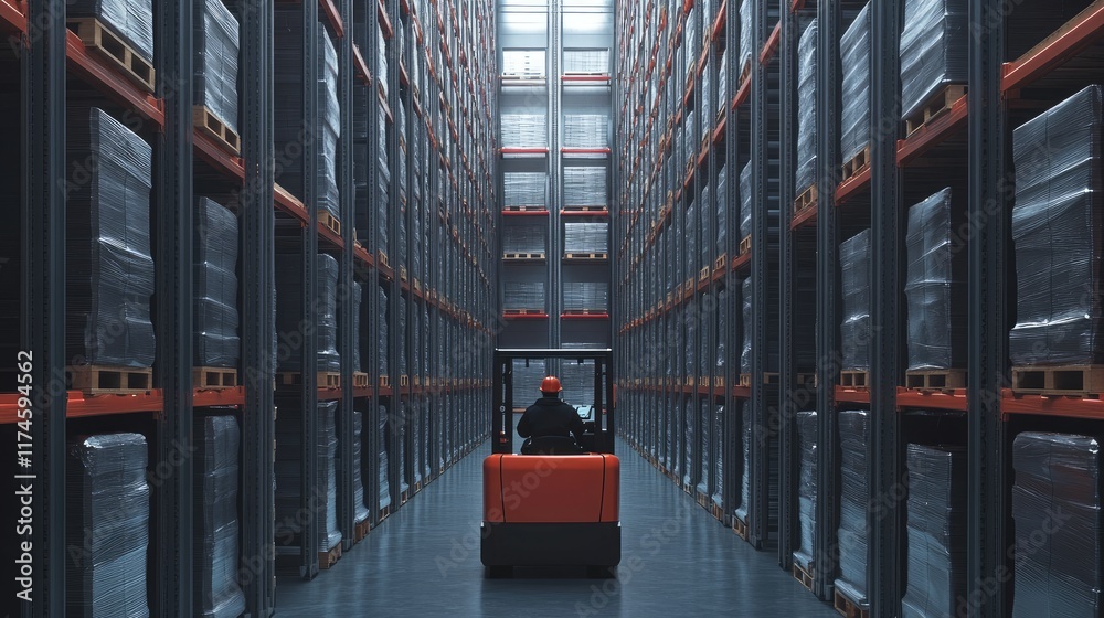 Fototapeta premium Worker driving forklift on shelves in large warehouse, back view 