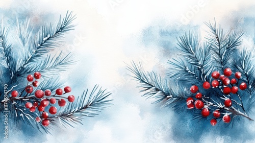 Elegant watercolor winter background with pine branches and red berries, featuring frosty hues and natural beauty, perfect for seasonal or holiday designs. 